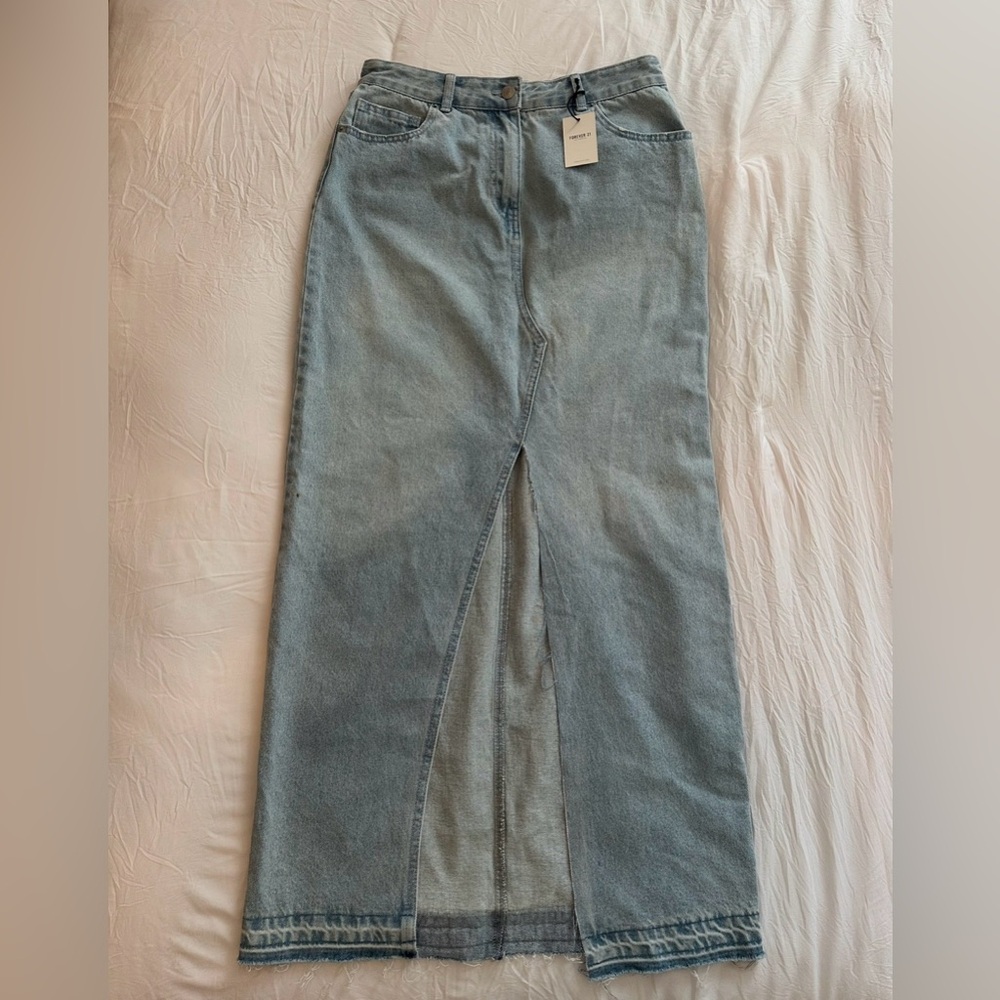 Light Blue Denim Wash Cutout Slit Long Jean Skirt